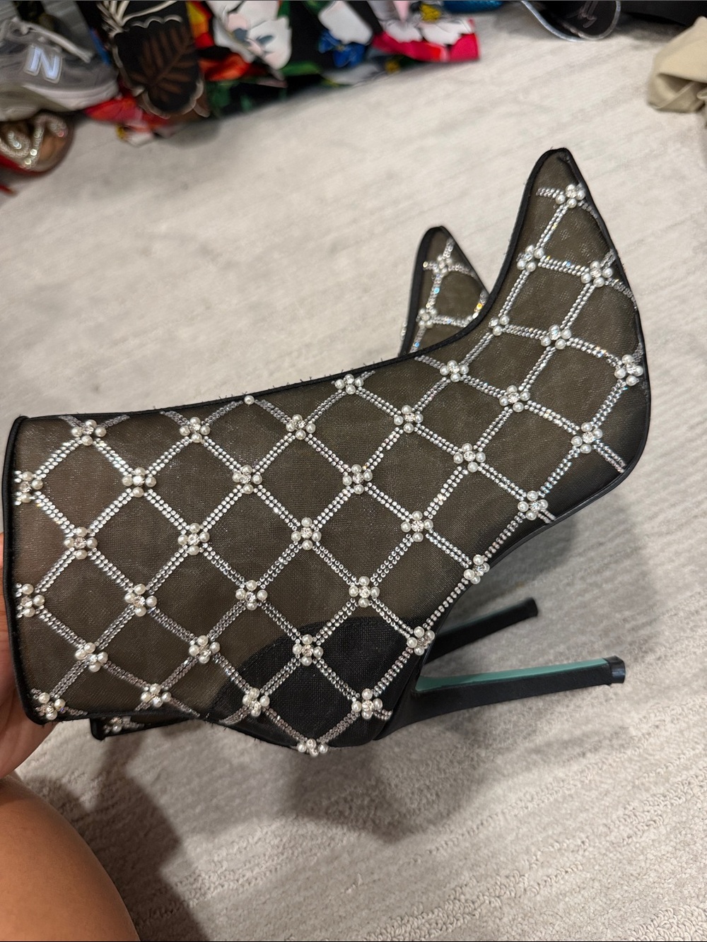 Betsey Johnson Black Mesh Ankle Boots with Pearl & Crystal Lattice - Picture 4 of 7